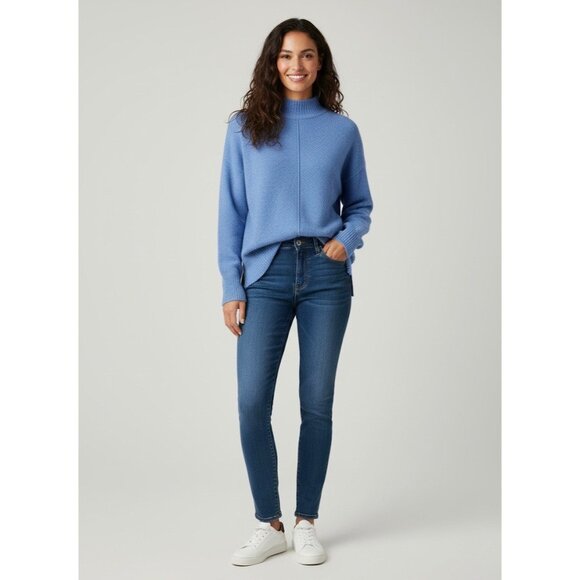 Tahari Sweaters - Tahari Blue Mock Neck Ribbed Sweater | Coastal Grandmother Quiet Luxury Preppy S